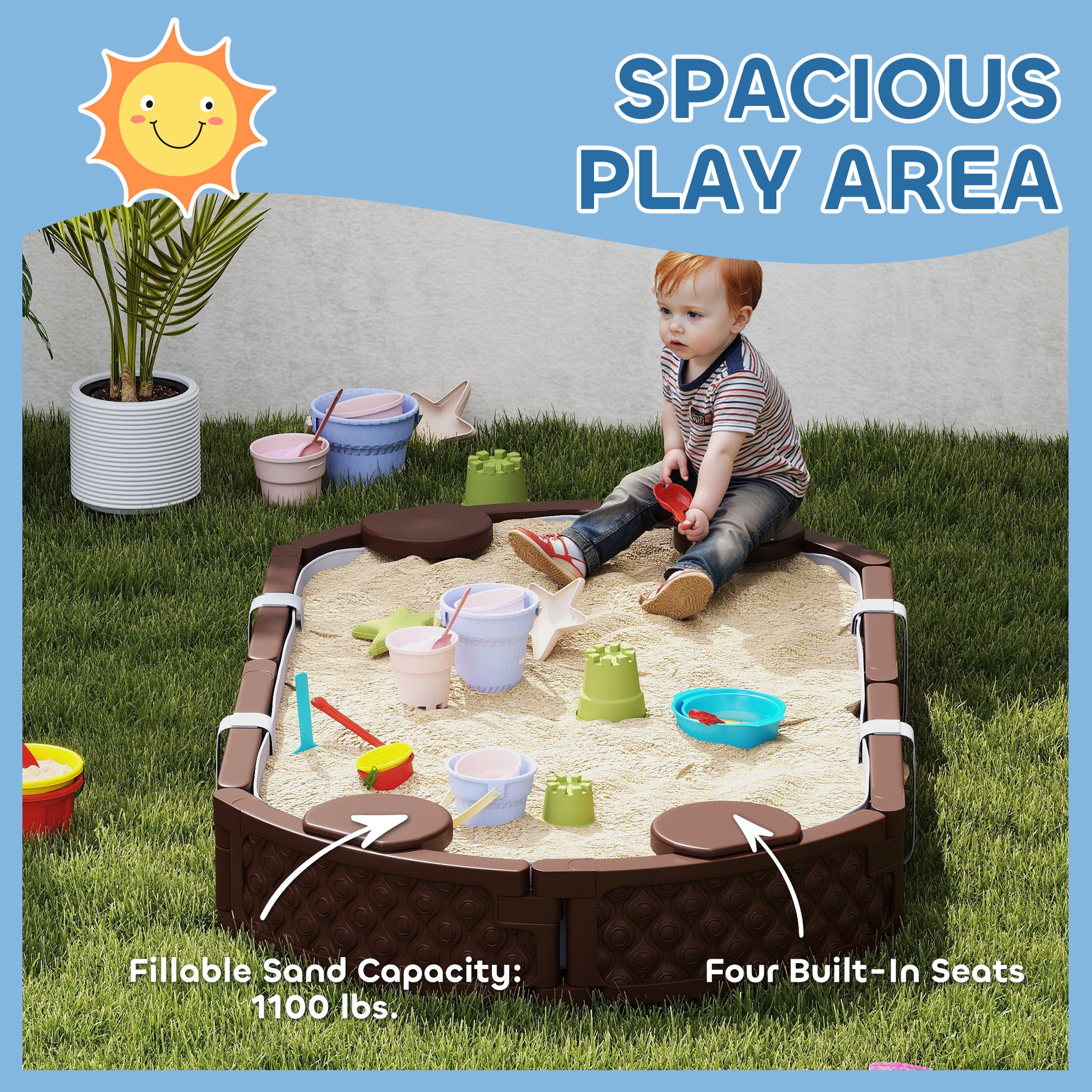 Kids Sandbox With Cover, 4 Corner Seats, Bottom Liner For Backyard, Garden, Outdoor, 71 X 42 W X 9, Dark Brown