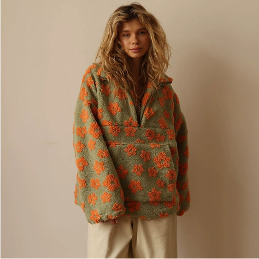 Winter Flowers Lambskin Sweatshirt With Big Pocket Casual Loose Zip-up Lapel Pullover Top Women's Clothing