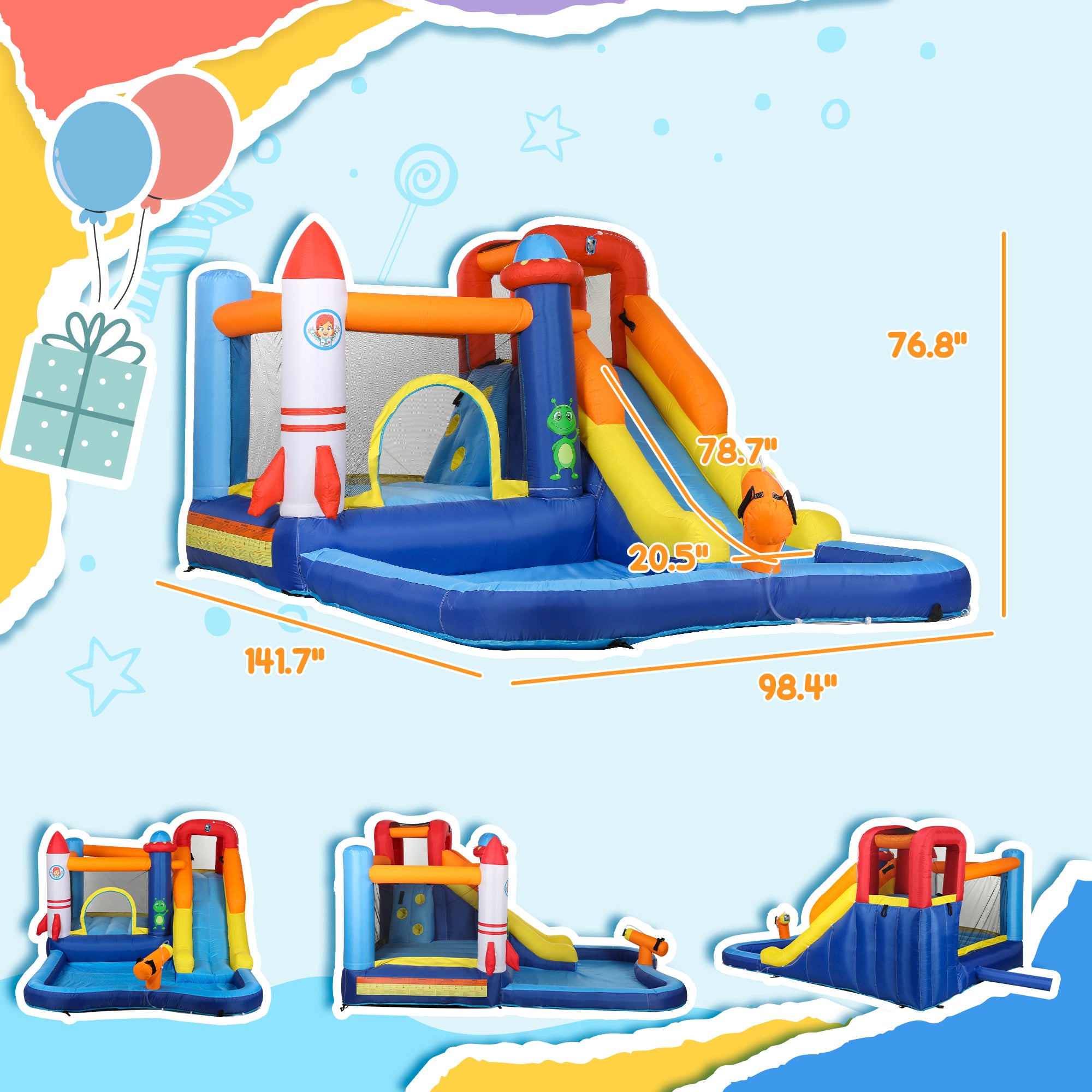 5 In 1 Inflatable Bounce House, Water Slide With 550W Blower, Splash Pool, Trampoline, Climbing Wall, Cannon