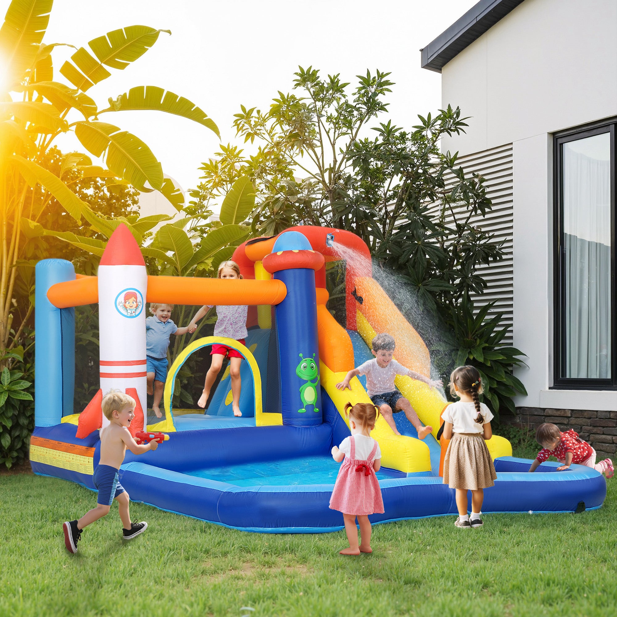 5 In 1 Inflatable Bounce House, Water Slide With 550W Blower, Splash Pool, Trampoline, Climbing Wall, Cannon