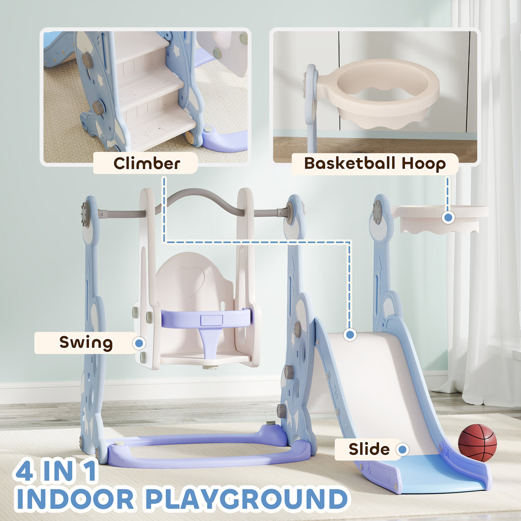 4 In 1 Toddler Slide And Swing Set For Ages 1.5-4, Toddler Playset Playground With Climber, Basketball Hoop, Light Blue
