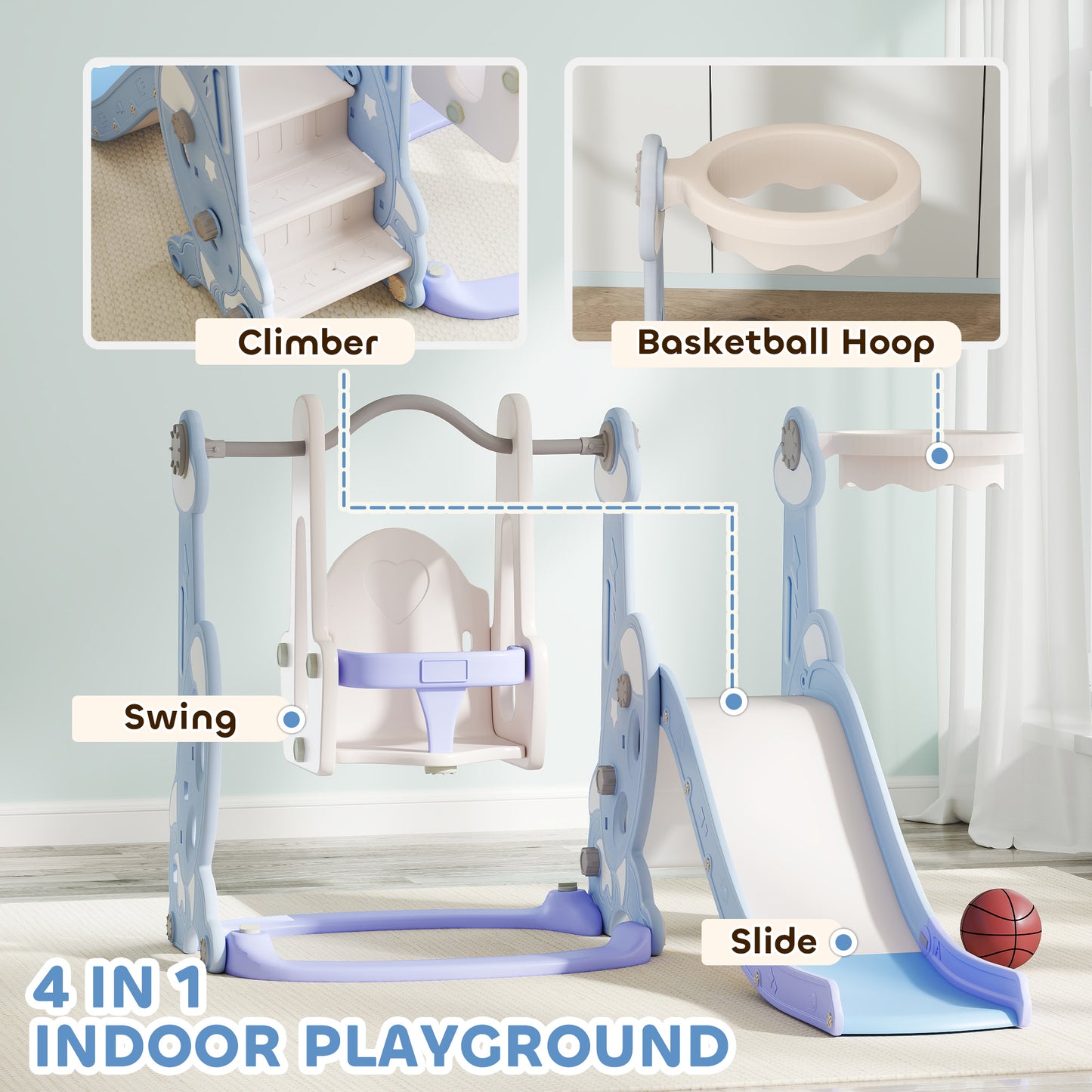 4 In 1 Toddler Slide And Swing Set For Ages 1.5-4, Toddler Playset Playground With Climber, Basketball Hoop, Light Blue