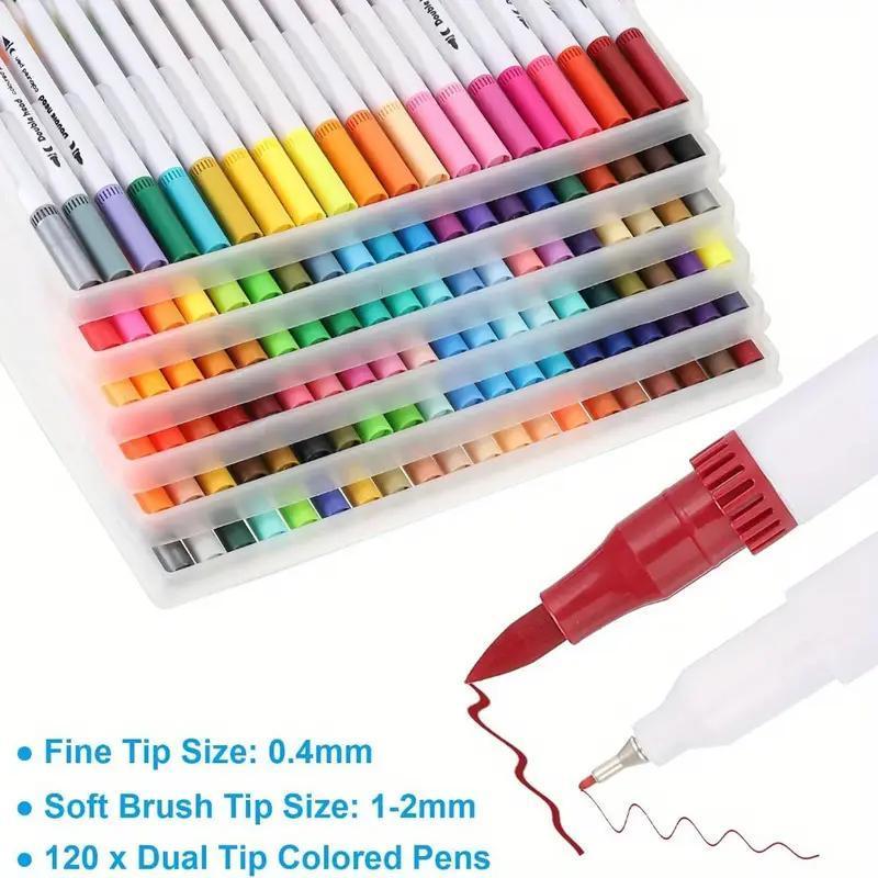 120-Piece Colored Marker And Watercolor Pen Set - Highly Saturated Colors, Quick-Drying, Bleed-Resistant, Dual Nibs, Art Essentials, Portable And Organizable, Spark Your Creativity Anytime.