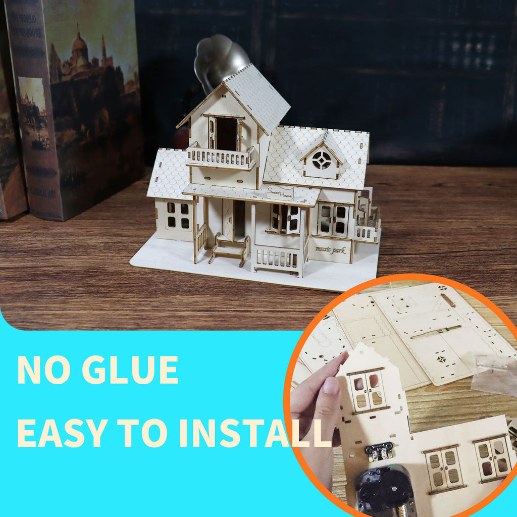MUSIC PARK 3D Wooden Puzzle Sweet Home Music Box Hands Craft Miniature Dollhouse Kits 3D Model Diy House Building With LED Night Lights Gifts For Christmas