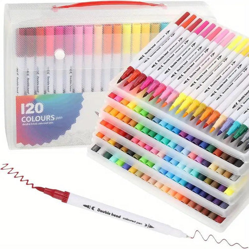 120-Piece Colored Marker And Watercolor Pen Set - Highly Saturated Colors, Quick-Drying, Bleed-Resistant, Dual Nibs, Art Essentials, Portable And Organizable, Spark Your Creativity Anytime.