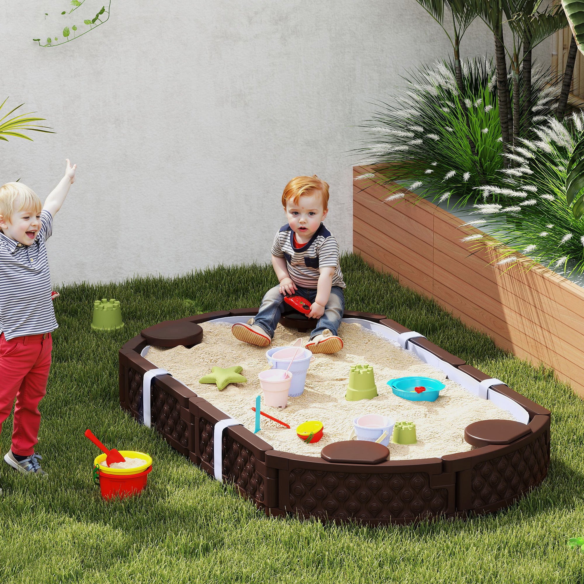 Kids Sandbox With Cover, 4 Corner Seats, Bottom Liner For Backyard, Garden, Outdoor, 71 X 42 W X 9, Dark Brown