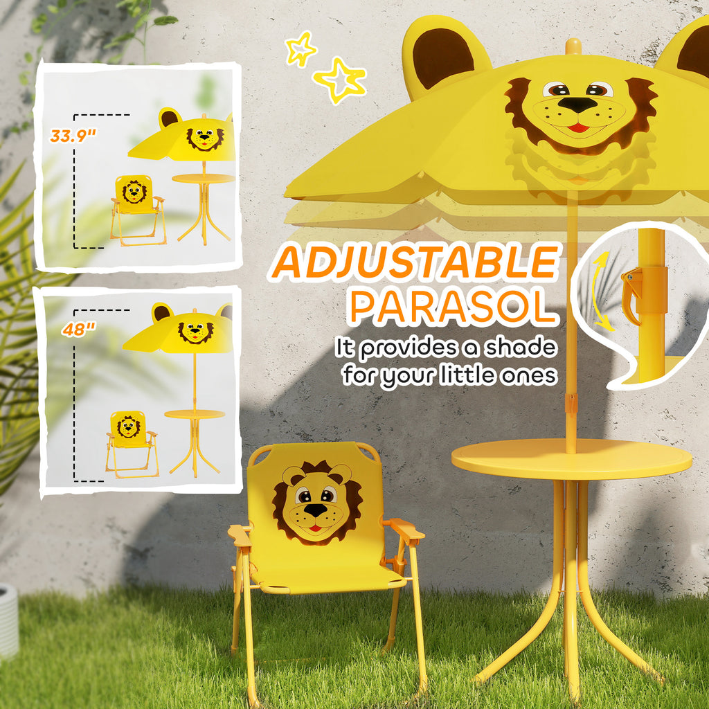 Kids Picnic Table And Chair Set, Outdoor Activity Table With Foldable Chairs, Height Adjustable Umbrella, Yellow