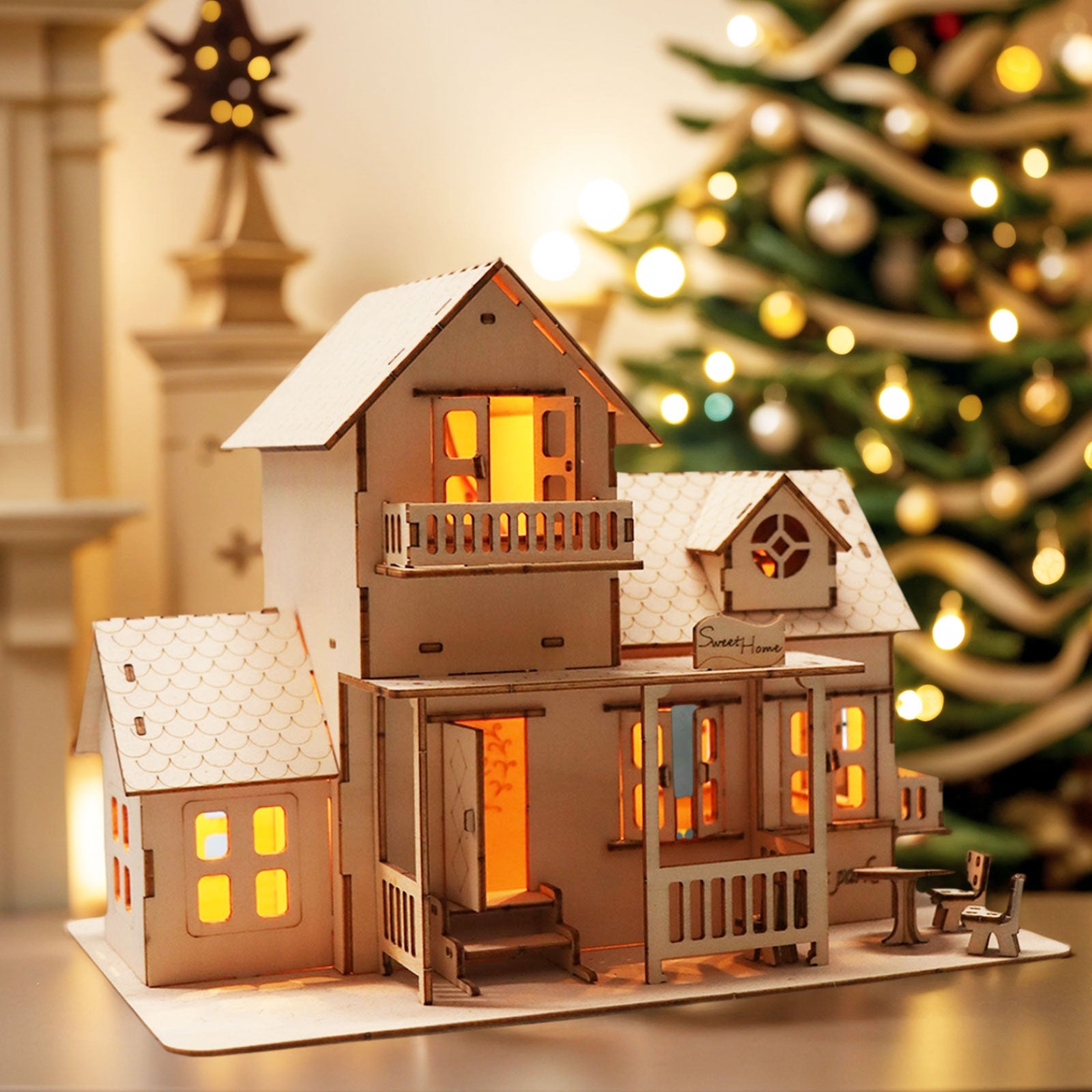 MUSIC PARK 3D Wooden Puzzle Sweet Home Music Box Hands Craft Miniature Dollhouse Kits 3D Model Diy House Building With LED Night Lights Gifts For Christmas