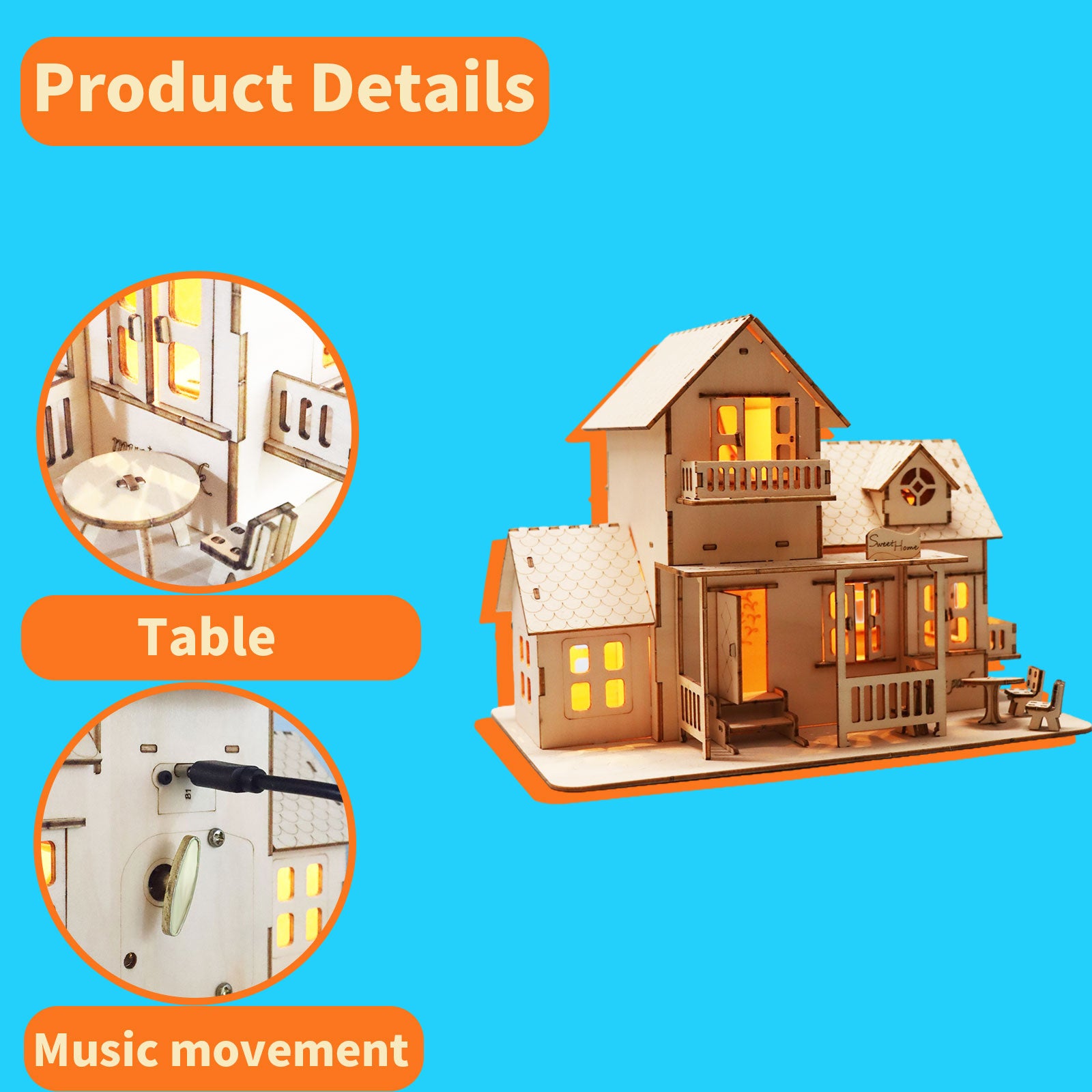 MUSIC PARK 3D Wooden Puzzle Sweet Home Music Box Hands Craft Miniature Dollhouse Kits 3D Model Diy House Building With LED Night Lights Gifts For Christmas