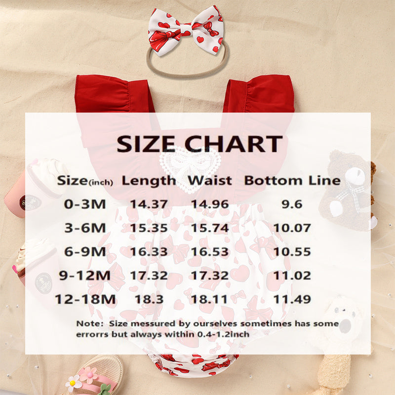 Baby Newborn Comfortable Romper, Sweet Heart & Bow Print Onesie With Ruffle Trim And Snap Closure