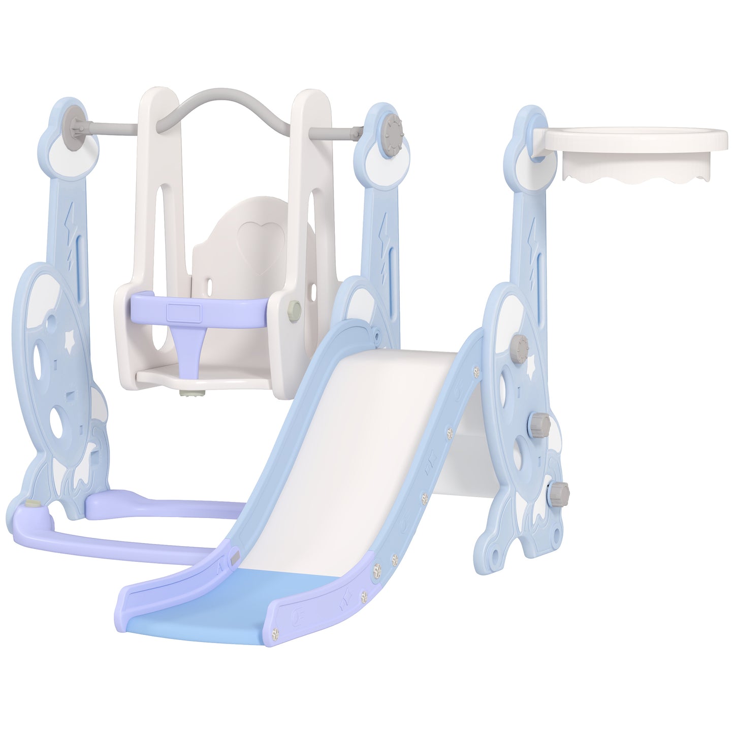 4 In 1 Toddler Slide And Swing Set For Ages 1.5-4, Toddler Playset Playground With Climber, Basketball Hoop, Light Blue