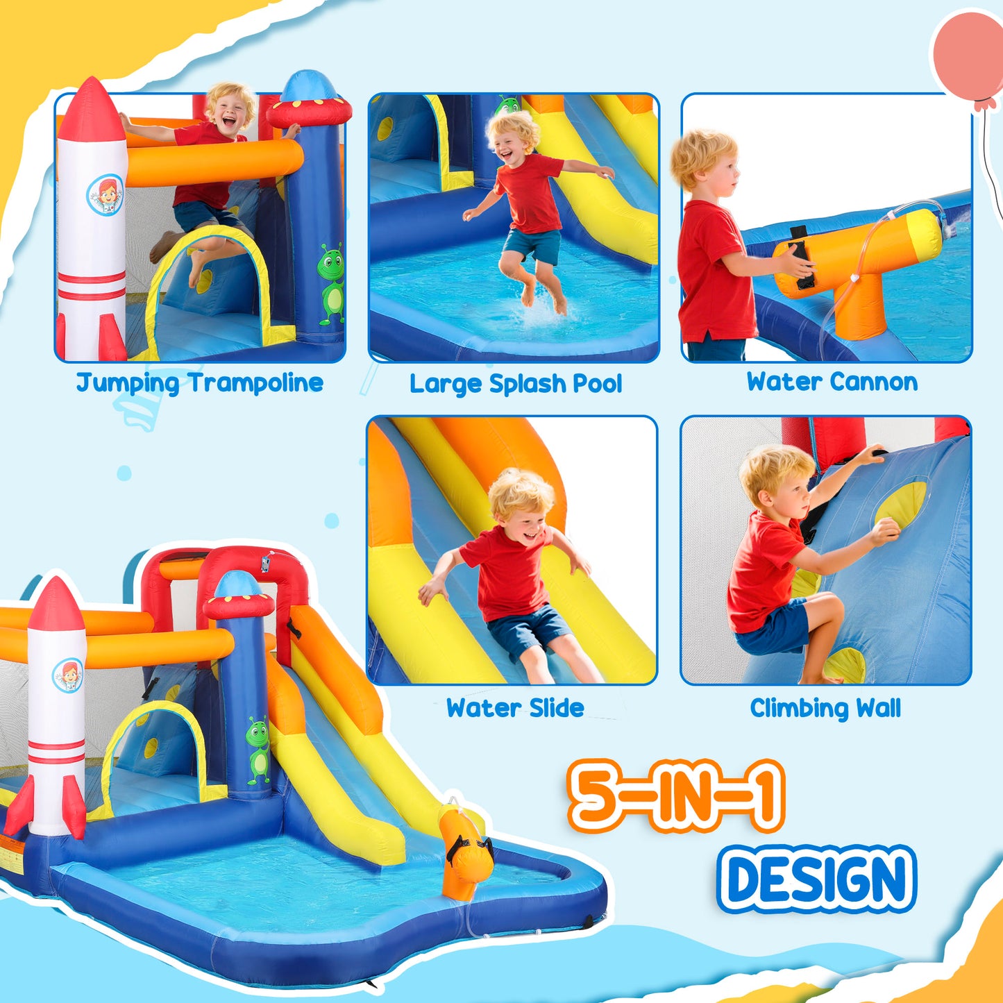 5 In 1 Inflatable Bounce House, Water Slide With 550W Blower, Splash Pool, Trampoline, Climbing Wall, Cannon