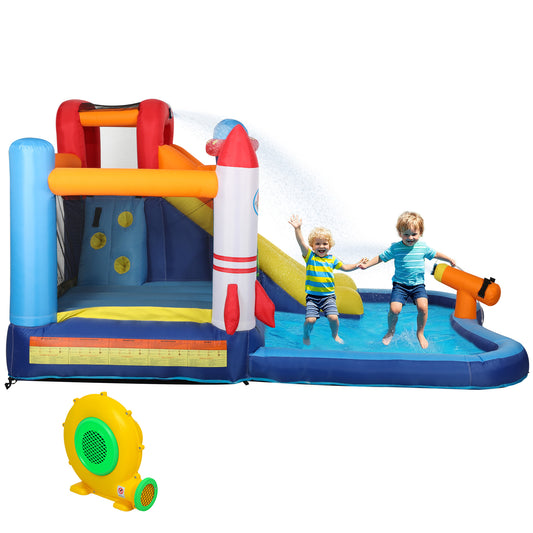 5 In 1 Inflatable Bounce House, Water Slide With 550W Blower, Splash Pool, Trampoline, Climbing Wall, Cannon