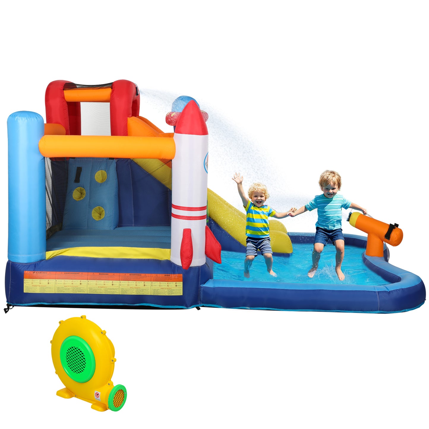 5 In 1 Inflatable Bounce House, Water Slide With 550W Blower, Splash Pool, Trampoline, Climbing Wall, Cannon
